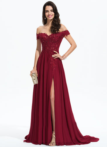 Off-the-Shoulder Prom Dresses Ansley With Sweep Train A-Line Lace Chiffon Sequins