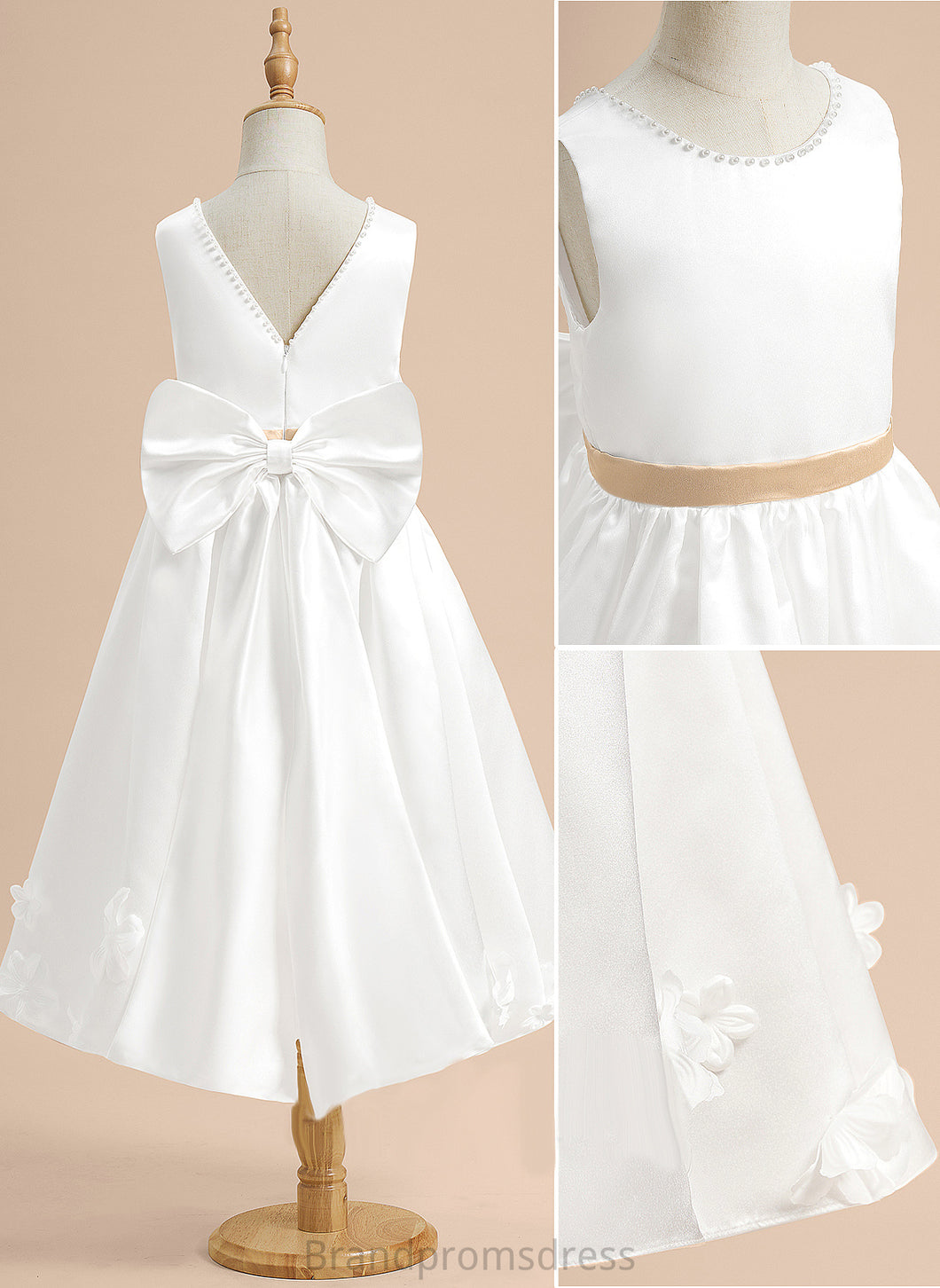 Alina A-Line Sleeveless Tea-length - Neck Satin Sash/Beading/Flower(s)/Bow(s) Flower Flower Girl Dresses Girl With Scoop Dress