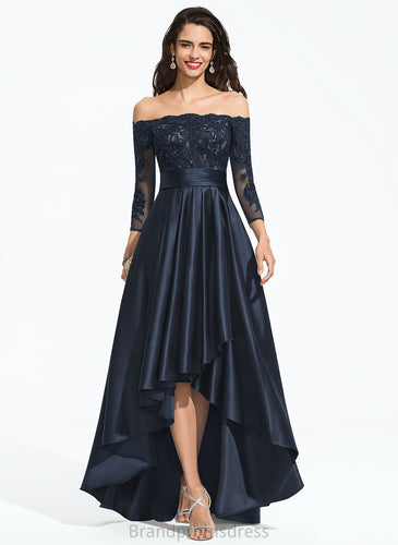 Lace Sequins Ruffles Prom Dresses A-Line Fernanda Satin Asymmetrical With Off-the-Shoulder Cascading