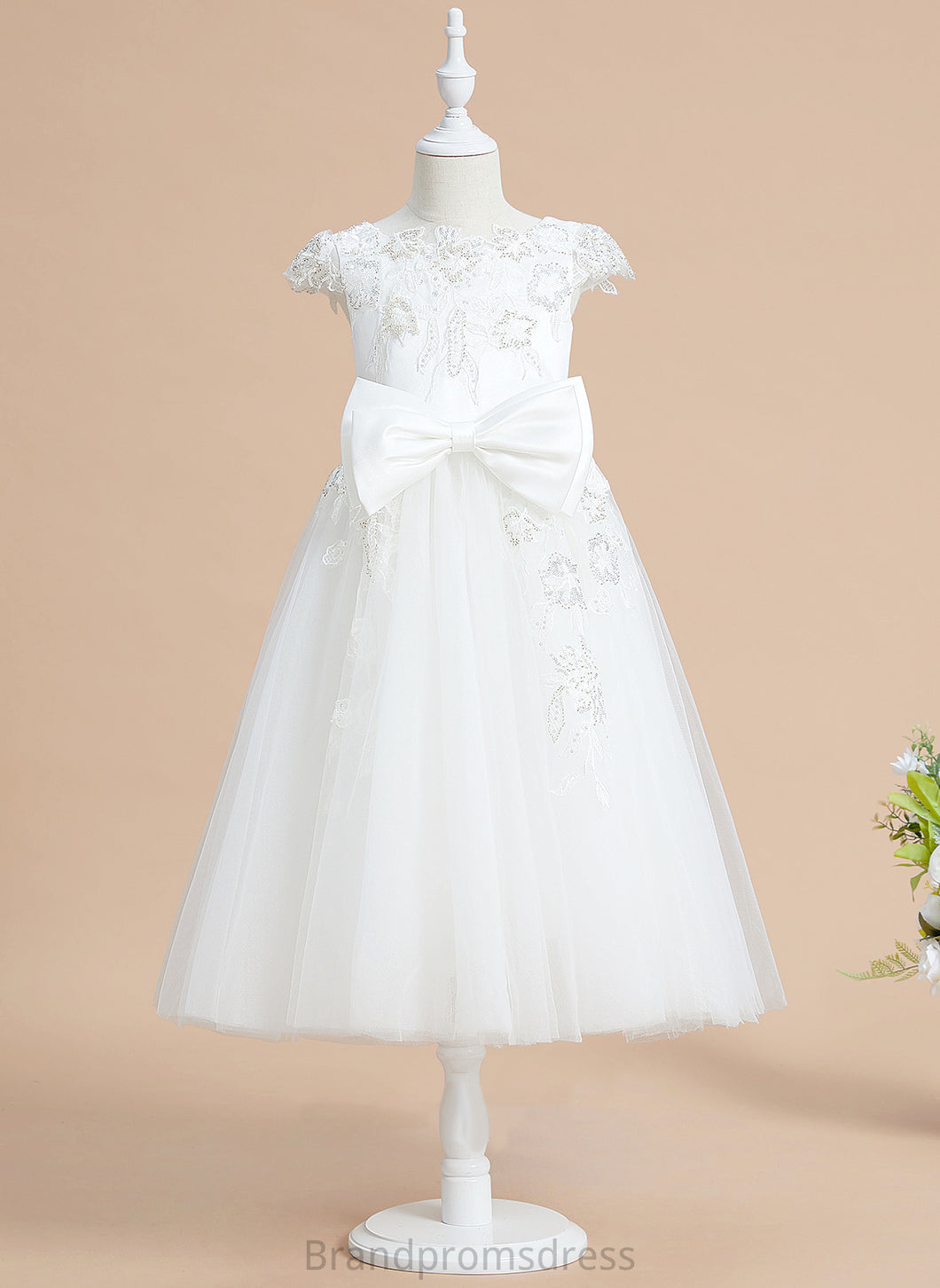 Tulle/Lace Sequins/Bow(s) Tea-length With A-Line Short Neck Scoop Joanna Flower Girl Dresses Girl - Flower Dress Sleeves