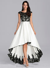 Load image into Gallery viewer, Satin Asymmetrical Lace A-Line Riya Illusion Scoop Prom Dresses