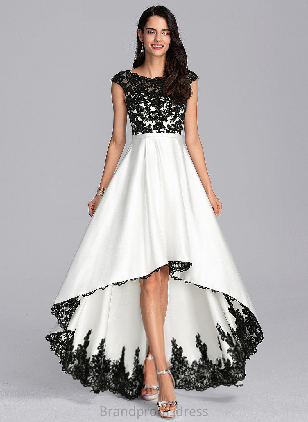 Satin Asymmetrical Lace A-Line Riya Illusion Scoop Prom Dresses