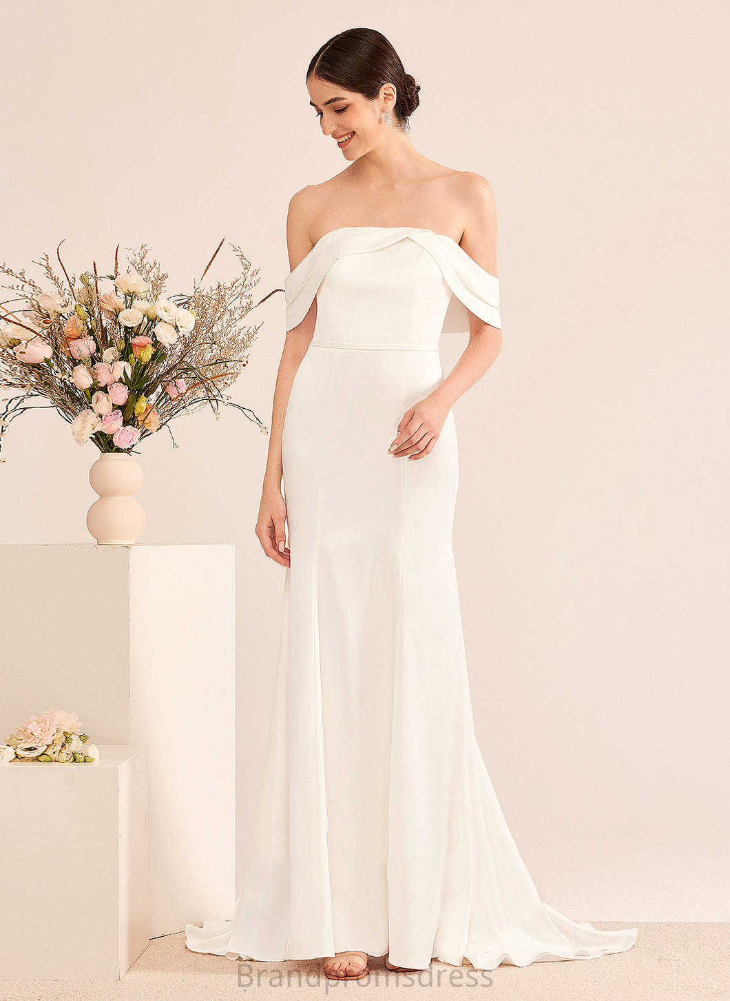 Satin Off-the-Shoulder Trumpet/Mermaid Ruffle Wedding Dresses Dress Wedding Train Sweep With Haven