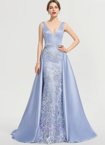 Lace Sheath/Column Hallie Sequins V-neck Beading With Satin Train Sweep Prom Dresses