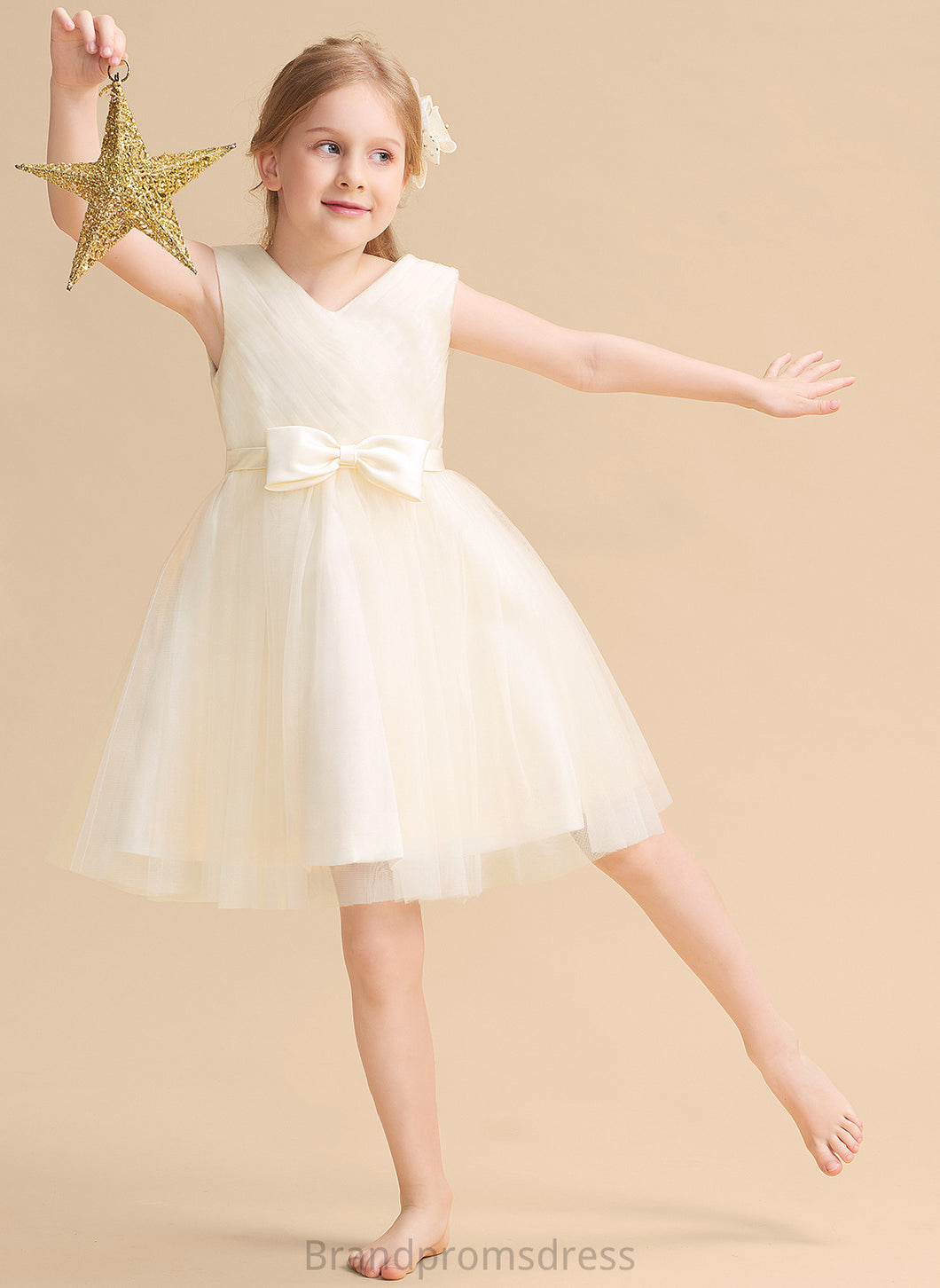 With V-neck A-Line Dress Knee-length Sleeveless Flower Tulle Girl Bow(s) - Adalyn Flower Girl Dresses