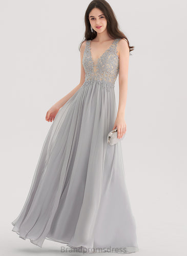 Lace Floor-Length A-Line Chiffon Prom Dresses With Madeleine Rhinestone V-neck