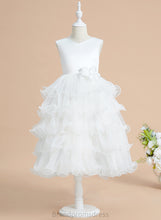 Load image into Gallery viewer, Flower Girl Dresses V-neck With Girl Flower Bow(s) Tea-length Satin/Tulle - Ball-Gown/Princess Katie Sleeveless Dress