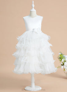 Flower Girl Dresses V-neck With Girl Flower Bow(s) Tea-length Satin/Tulle - Ball-Gown/Princess Katie Sleeveless Dress