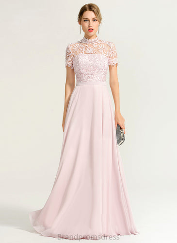 High Prom Dresses A-Line Bria Chiffon Lace Neck Floor-Length Illusion