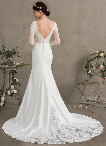 Scoop Trumpet/Mermaid Jakayla Crepe Neck Beading Dress With Lace Train Wedding Dresses Sequins Wedding Stretch Chapel