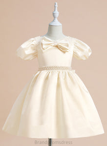 Satin Sleeves Short V-neck Flower Flower Girl Dresses Ball-Gown/Princess Haylee Girl With - Dress Beading/Bow(s) Knee-length