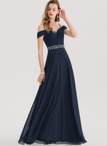 Beading Prom Dresses Chiffon Floor-Length Shoulder A-Line Cold Kiana Pleated With Sequins V-neck