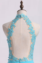 Load image into Gallery viewer, 2024 High Neck A Line Prom Dresses With Applique&amp;Beads Chiffon