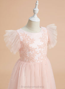 Sleeveless Knee-length Flower Lace Dress Neck Scoop A-Line With Nathaly - Flower Girl Dresses Girl Satin/Tulle