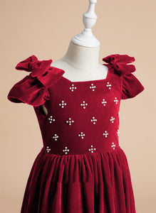 Beading With U Knee-length Jillian A-Line Flower Girl Dress - Neck Sleeves Short Flower Girl Dresses Velvet