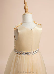 A-Line Flower Girl Dresses With Zion Satin/Tulle Knee-length Beading/Sequins/Bow(s) Flower Dress Sleeveless Girl Neck - Scoop