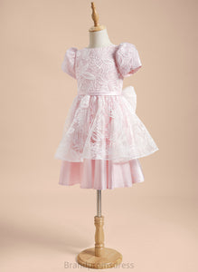 A-Line - Short Flower Girl Dresses Flower Scoop Satin/Tulle Dress Knee-length With Jacey Neck Sleeves Girl Lace/Sequins/Bow(s)