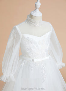 Dress Long Tulle A-Line - High Knee-length Flower Girl Dresses Sequins Sleeves With Flower Marley Neck Girl