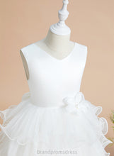 Load image into Gallery viewer, Flower Girl Dresses V-neck With Girl Flower Bow(s) Tea-length Satin/Tulle - Ball-Gown/Princess Katie Sleeveless Dress