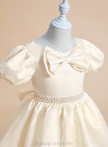 Satin Sleeves Short V-neck Flower Flower Girl Dresses Ball-Gown/Princess Haylee Girl With - Dress Beading/Bow(s) Knee-length