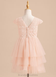 Flower Girl Dresses Flower - Dress Knee-length Girl Sleeves Back Scoop Short Neck Lace/V A-Line With Moriah Tulle