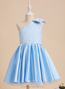 Flower Girl Dresses Knee-length Serena Sleeveless With A-Line - Flower Girl Beading/Bow(s) Satin/Tulle Dress One-Shoulder