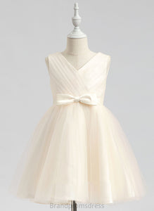 With V-neck A-Line Dress Knee-length Sleeveless Flower Tulle Girl Bow(s) - Adalyn Flower Girl Dresses