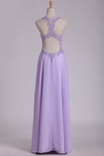 Load image into Gallery viewer, 2024 Sexy Open Back See-Through Prom Dresses V Neck Chiffon With Beads And Applique