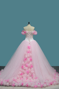 2024 Tulle Ball Gown Off The Shoulder Quinceanera Dresses With Handmade Flower