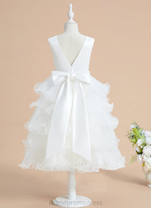 Flower Girl Dresses V-neck With Girl Flower Bow(s) Tea-length Satin/Tulle - Ball-Gown/Princess Katie Sleeveless Dress