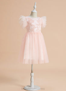 Sleeveless Knee-length Flower Lace Dress Neck Scoop A-Line With Nathaly - Flower Girl Dresses Girl Satin/Tulle