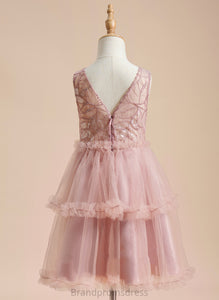 Tulle Scoop Flower Girl Dresses Amya Sequins/Pleated/V Girl Sleeveless With Flower - Back Dress Knee-length A-Line Neck