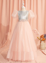 Load image into Gallery viewer, Jan Sleeves Floor-length Neck Tulle/Sequined Flower Girl Dresses With Ball-Gown/Princess Scoop Flower Dress Beading/Sequins/Bow(s) - Girl Short