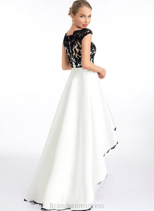 Satin Asymmetrical Lace A-Line Riya Illusion Scoop Prom Dresses