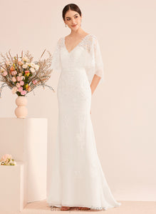 Chiffon Trumpet/Mermaid Train V-neck Dress Mimi Sash Lace Wedding Dresses Wedding Court With