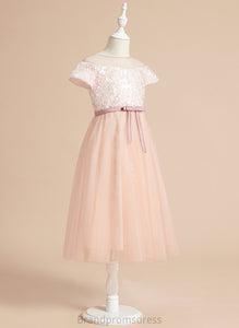 Neck With Sleeves Flower Girl Dresses Briana Short Tea-length Flower Dress Sash/Bow(s) - A-Line Girl Tulle Scoop