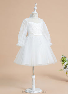 Dress Long Tulle A-Line - High Knee-length Flower Girl Dresses Sequins Sleeves With Flower Marley Neck Girl