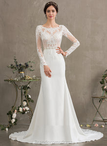 Scoop Trumpet/Mermaid Jakayla Crepe Neck Beading Dress With Lace Train Wedding Dresses Sequins Wedding Stretch Chapel