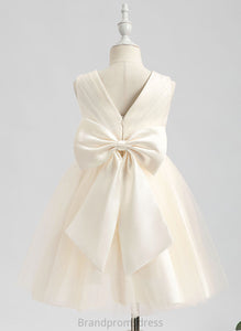 With V-neck A-Line Dress Knee-length Sleeveless Flower Tulle Girl Bow(s) - Adalyn Flower Girl Dresses