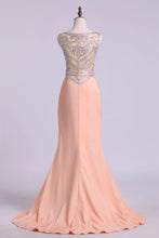 Load image into Gallery viewer, 2024 Prom Dresses Scoop Column Sweep Train Elastic Satin With Beads