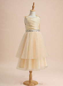 A-Line Flower Girl Dresses With Zion Satin/Tulle Knee-length Beading/Sequins/Bow(s) Flower Dress Sleeveless Girl Neck - Scoop