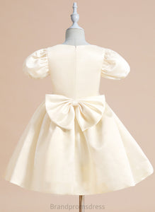 Satin Sleeves Short V-neck Flower Flower Girl Dresses Ball-Gown/Princess Haylee Girl With - Dress Beading/Bow(s) Knee-length