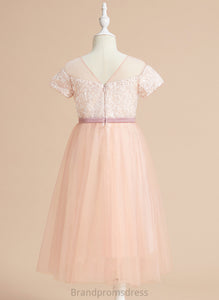 Neck With Sleeves Flower Girl Dresses Briana Short Tea-length Flower Dress Sash/Bow(s) - A-Line Girl Tulle Scoop