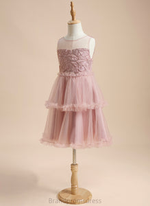 Tulle Scoop Flower Girl Dresses Amya Sequins/Pleated/V Girl Sleeveless With Flower - Back Dress Knee-length A-Line Neck