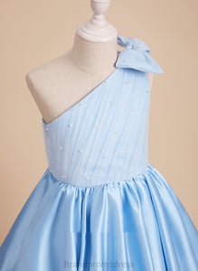 Flower Girl Dresses Knee-length Serena Sleeveless With A-Line - Flower Girl Beading/Bow(s) Satin/Tulle Dress One-Shoulder