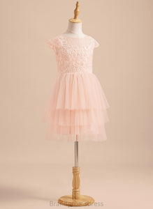 Flower Girl Dresses Flower - Dress Knee-length Girl Sleeves Back Scoop Short Neck Lace/V A-Line With Moriah Tulle