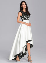 Load image into Gallery viewer, Satin Asymmetrical Lace A-Line Riya Illusion Scoop Prom Dresses