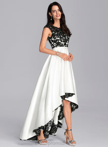 Satin Asymmetrical Lace A-Line Riya Illusion Scoop Prom Dresses