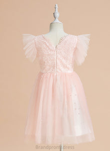 Sleeveless Knee-length Flower Lace Dress Neck Scoop A-Line With Nathaly - Flower Girl Dresses Girl Satin/Tulle