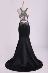 2024 Black Scoop Mermaid Beaded Bodice Open Back Prom Dresses Satin Floor Length
